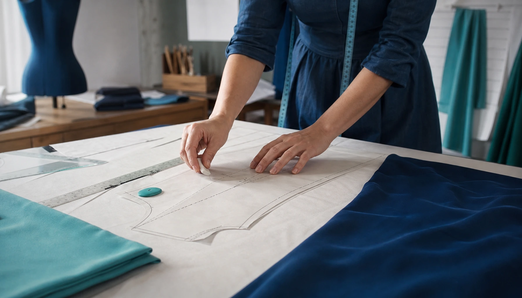 Patron de couture ajusté à la craie sur une table d'atelier