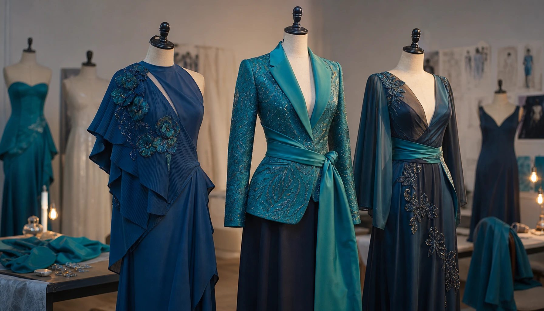 Trois tenues bleu et turquoise présentées sur des mannequins de couture