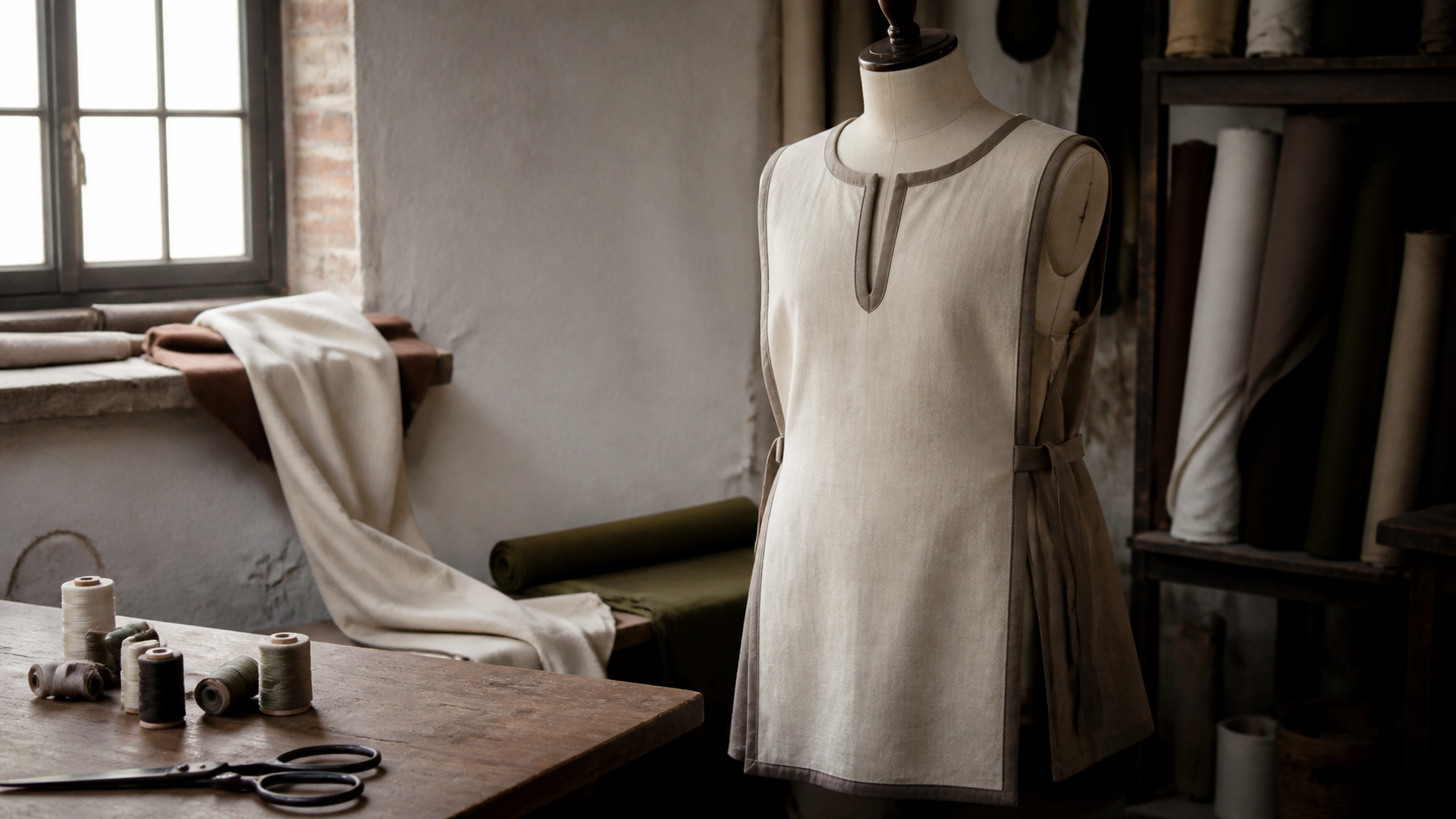 Tabard de costume de GN en tissu robuste posé sur une table de couture avec matériel de mesure et de finition.