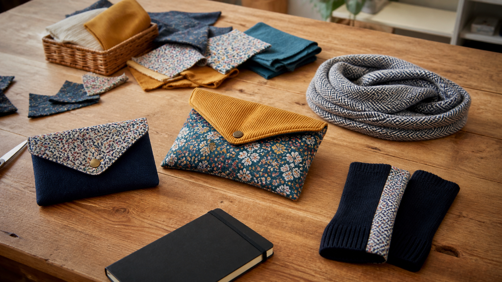 Table d'atelier avec tissus, fils, ciseaux et carnet de projets couture prêts à être réalisés