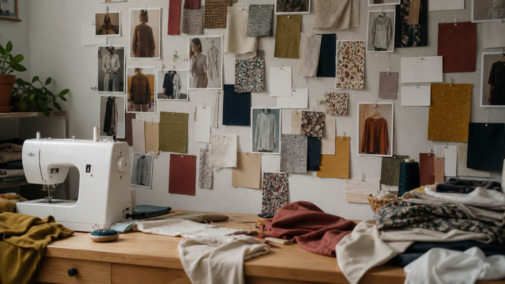 Atelier couture avec machine à coudre, patrons papier, tissus, ciseaux et fils préparés pour choisir un tutoriel.