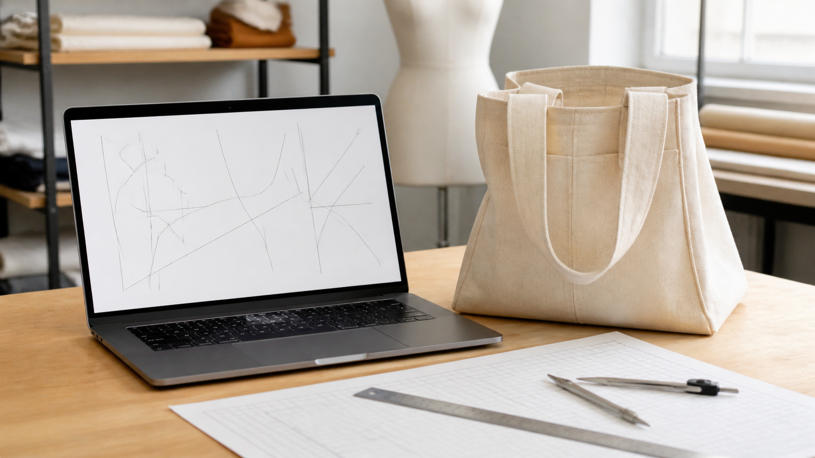 Plan de travail de couture avec papier patron, tissu, règle courbe, ciseaux et machine à coudre pour préparer un patron de sac ou de chapeau.