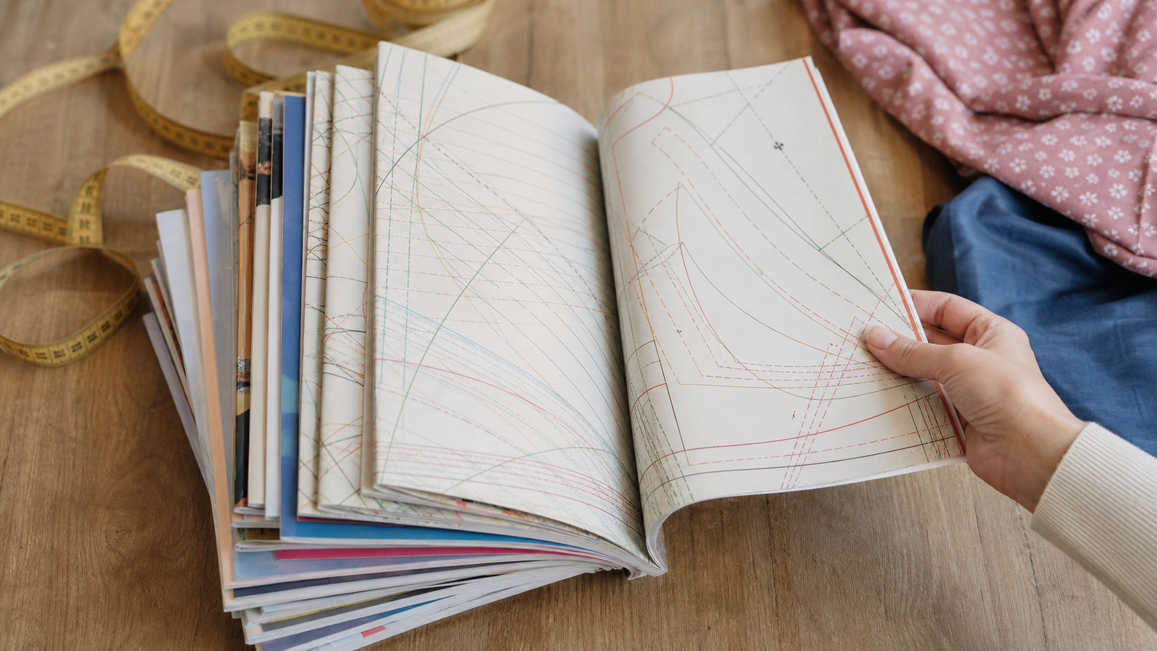 Magazines de couture ouverts avec planches à patrons, mètre ruban, papier calque et outils de couture sur une table d’atelier.