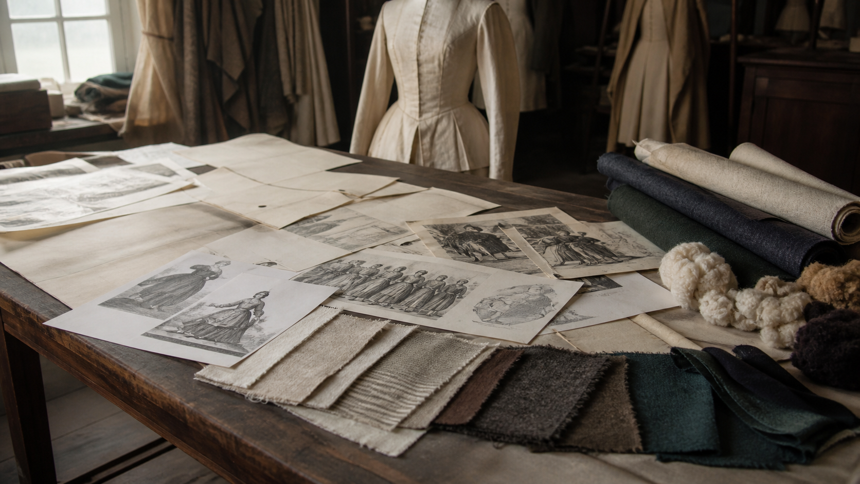 Table d’atelier avec croquis, tissus et outils pour préparer un costume historique.