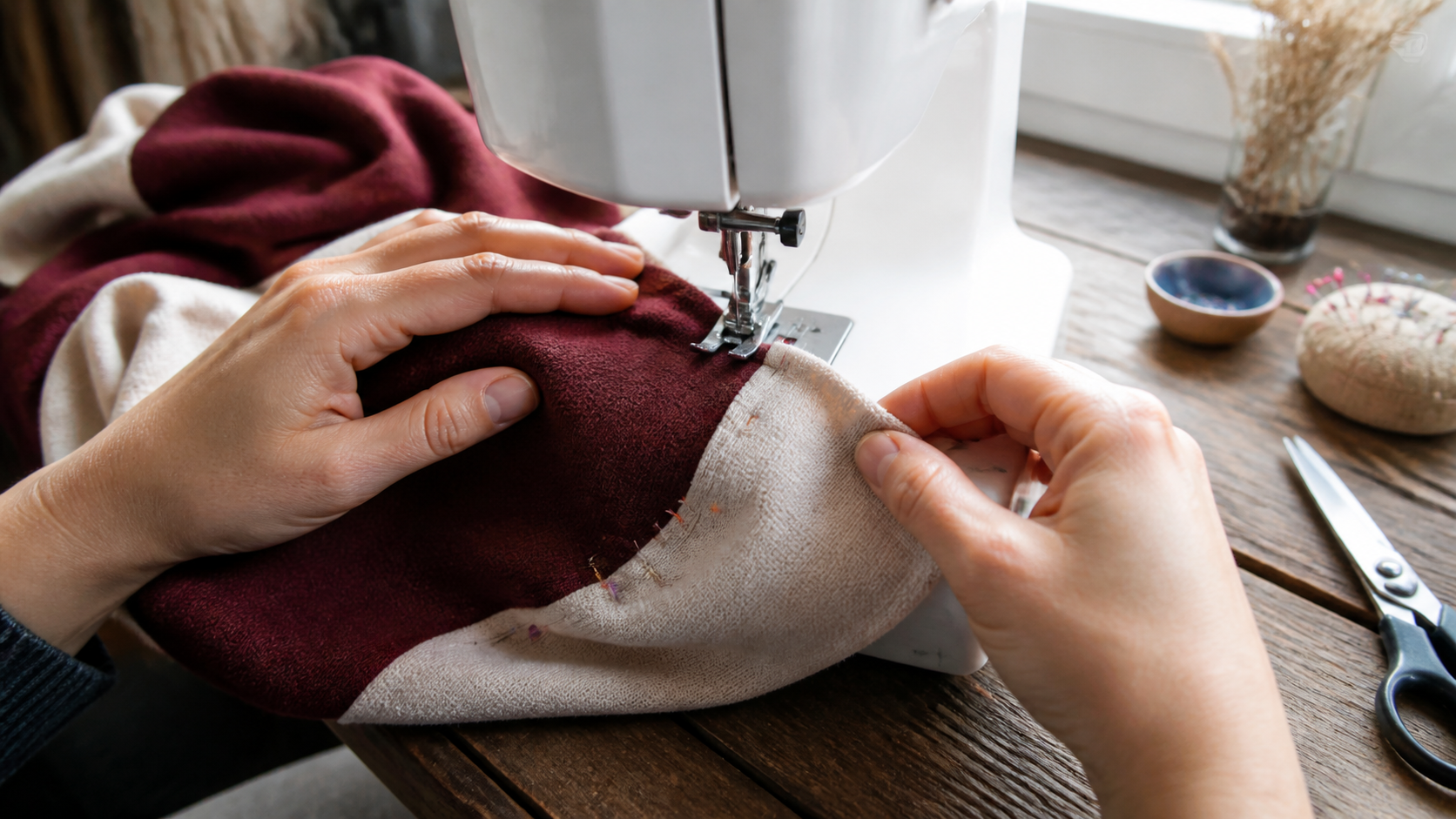 Écharpe tube en tissu doux en cours de couture sur une table d’atelier avec machine, épingles et mètre ruban.
