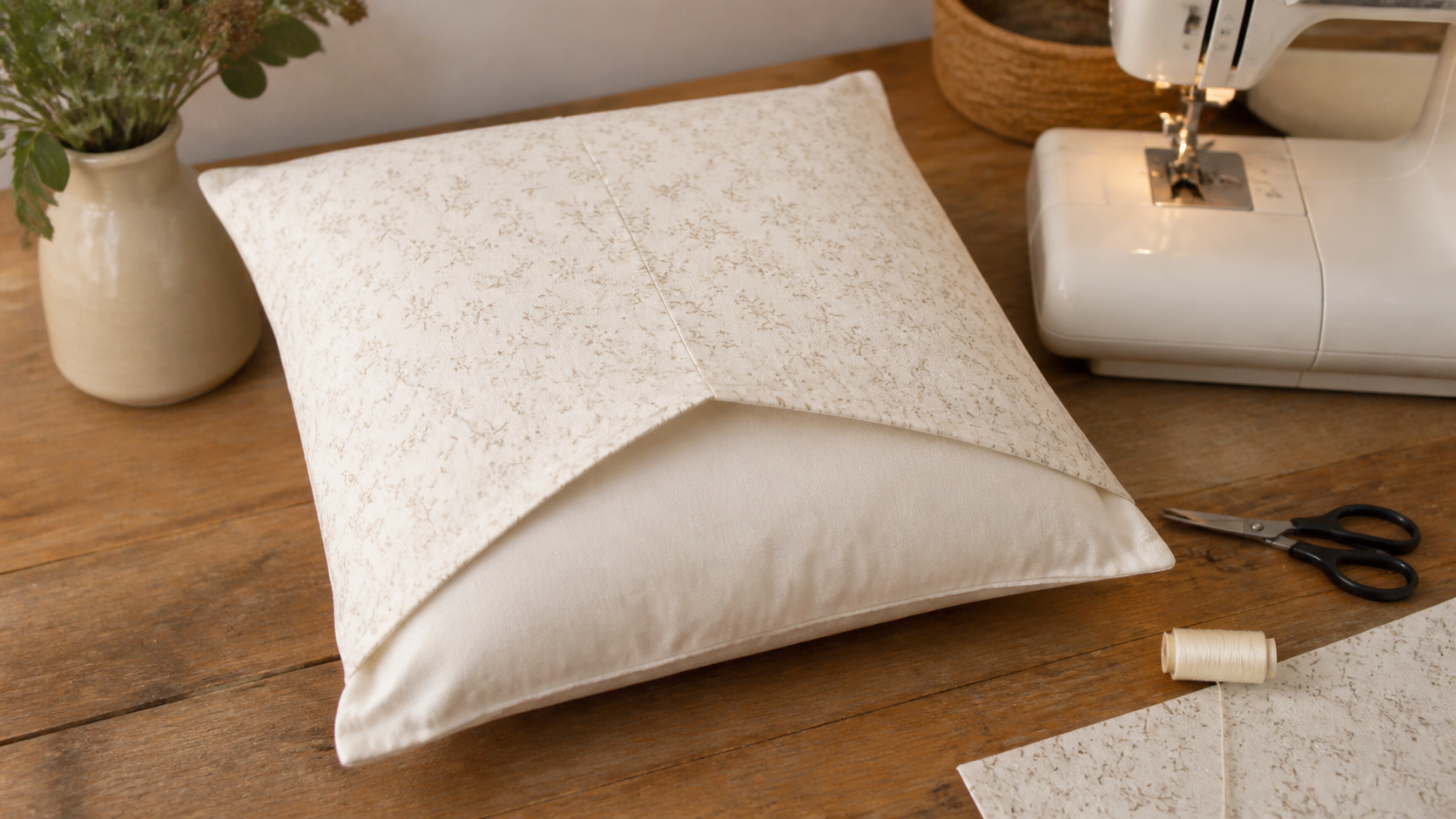 Housse de coussin portefeuille en tissu, préparée sur une table de couture avec machine, mètre ruban et épingles.