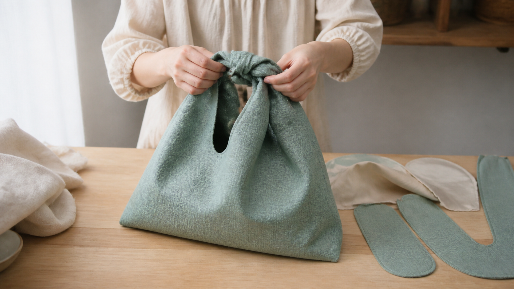 Sac japonais en tissu avec anses nouées, doublure visible et matériel de couture sur une table d’atelier.