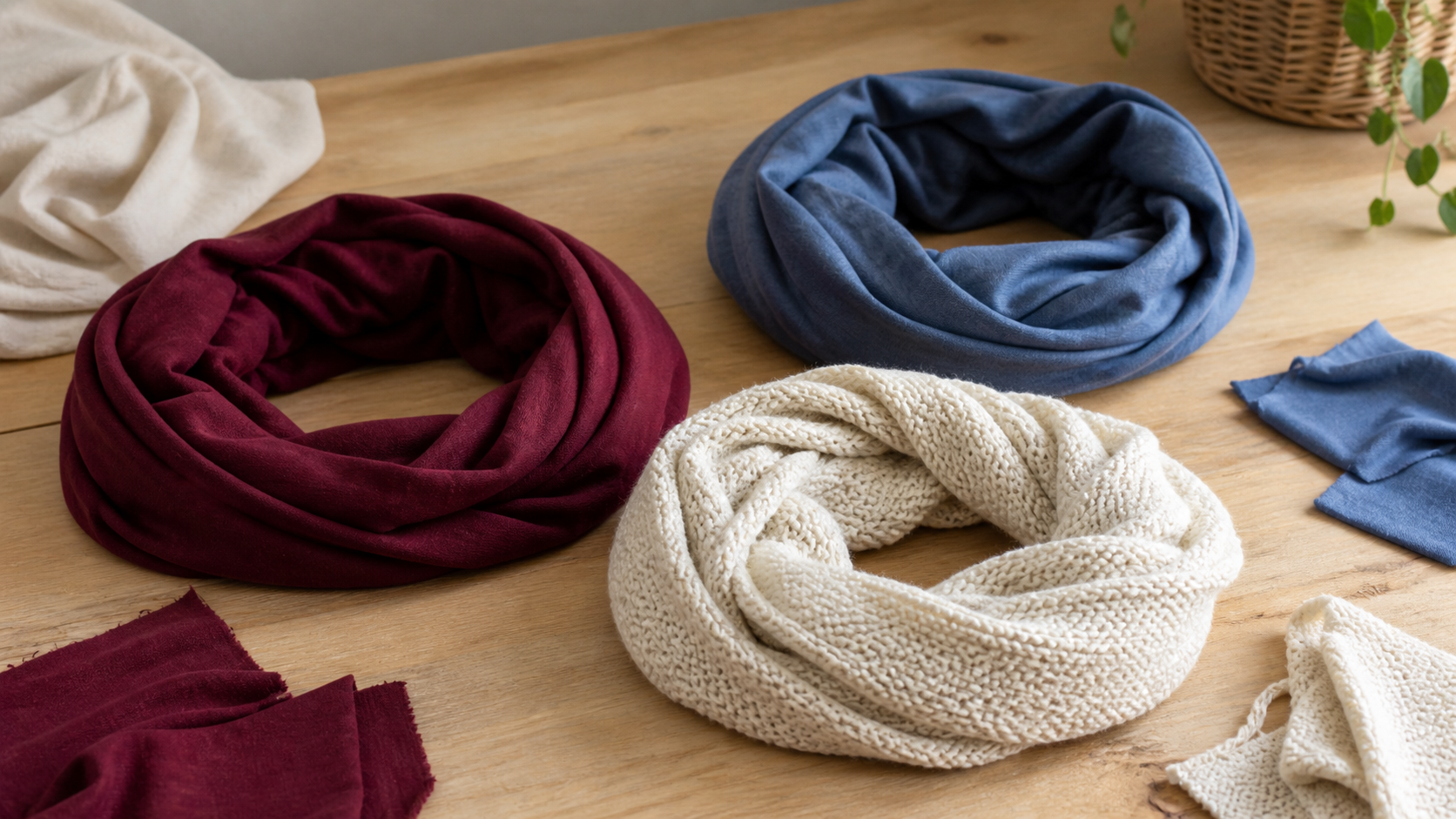 Écharpe infinie cousue en tissu doux sur une table de couture avec mètre ruban, épingles et machine à coudre en arrière-plan