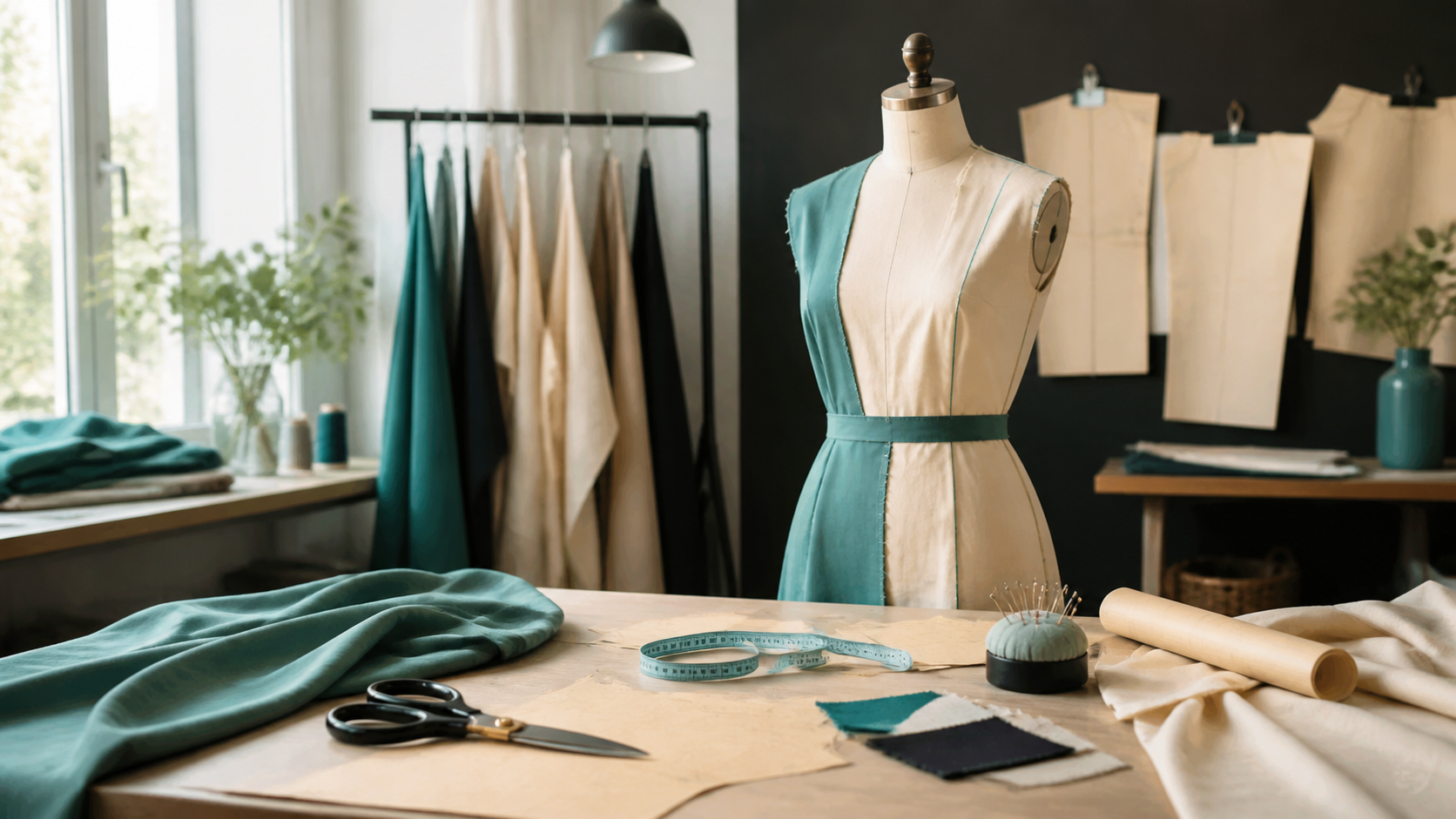 Atelier de couture lumineux avec mannequin, patron, tissus et outils de tailleur.