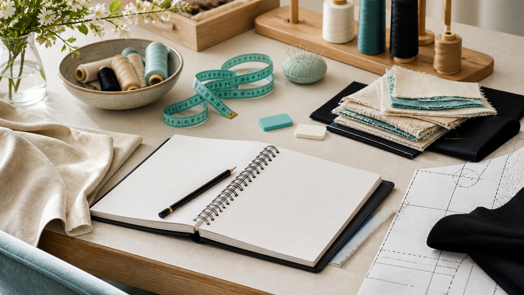 Carnet ouvert, tissus, fils et outils de couture disposés pour préparer une question précise.