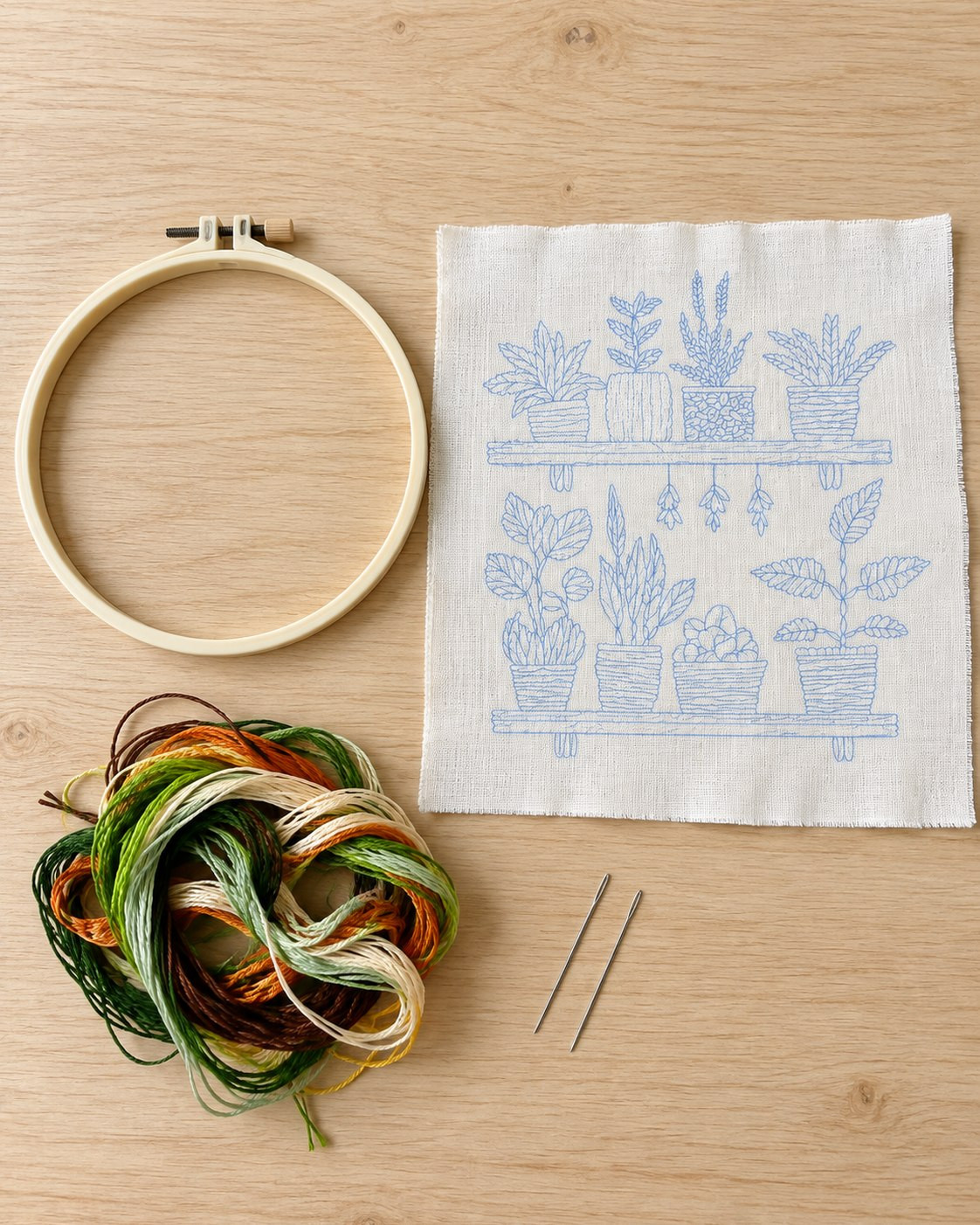 Le support tracé et les fournitures du modèle Étagère de plantes en pot, présentés par Coutureo.
